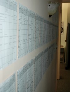 A draft of the master calendar posted on the wall in the artistic department.