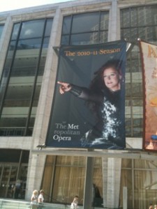 Deborah Voigt as Brünnhilde on a poster outside the Met