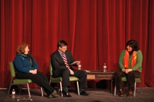 Theatre Department Chair Patrice Macaluso and faculty member Drew Kahl with Francesca.